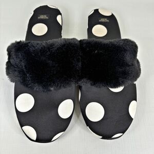 Victorias Secret Womens Slippers Size Medium Black Polka Dot Memory Foam Fuzzy
